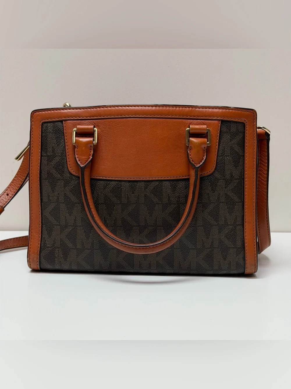 Michael Kors Brown & Tan Logo Satchel with Gold Hardware